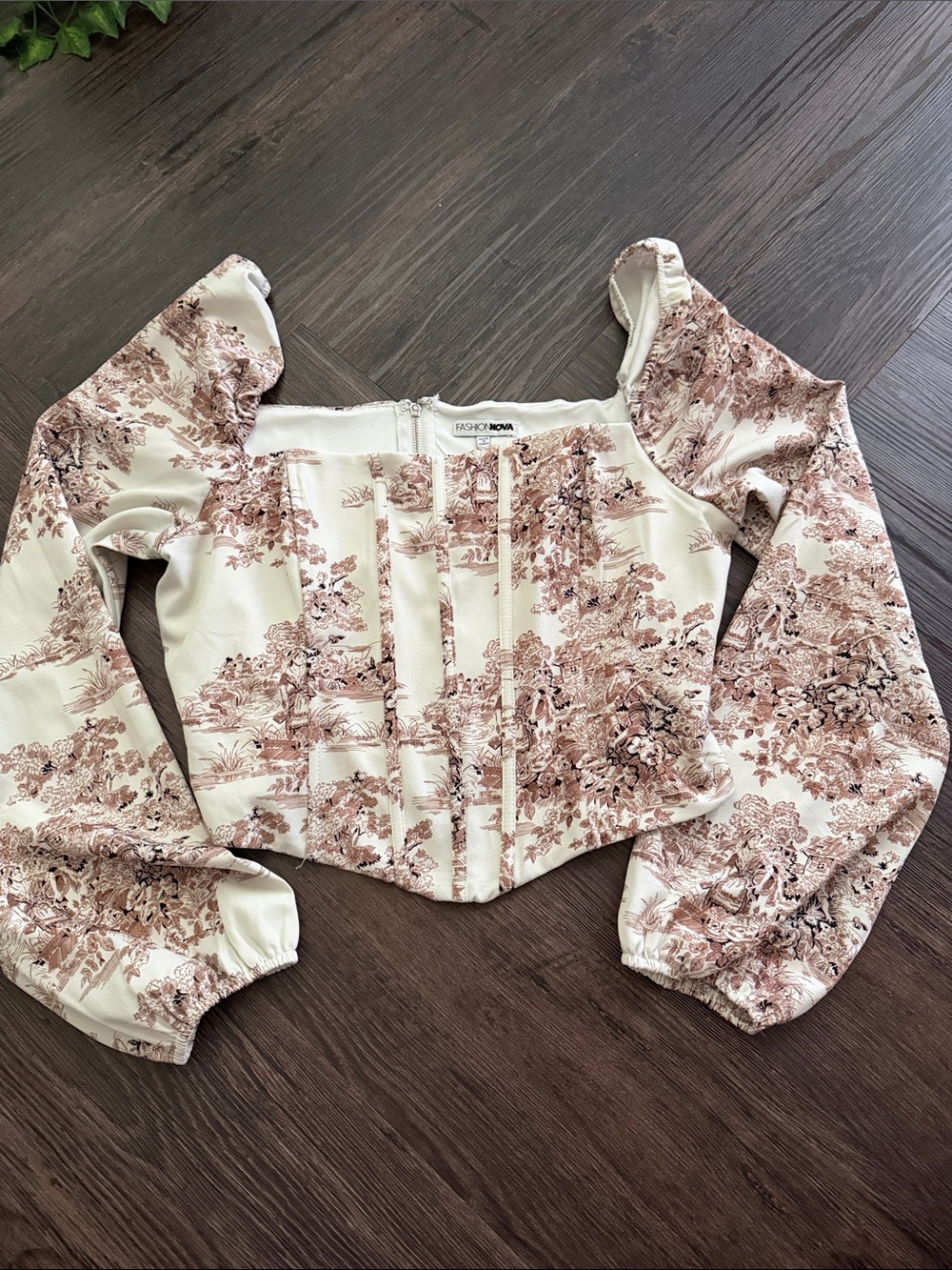Fashion Nova Cream and Blush Toile Off-Shoulder Corset Top
